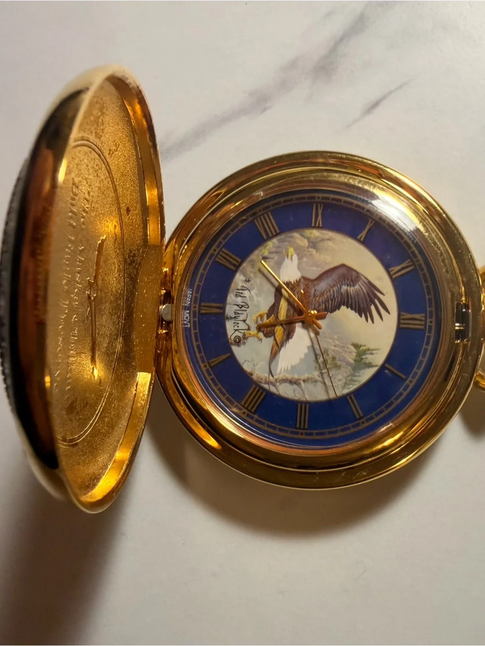 Gold Eagle Pocket Watch with chained Brown Tooled Leather Pouch